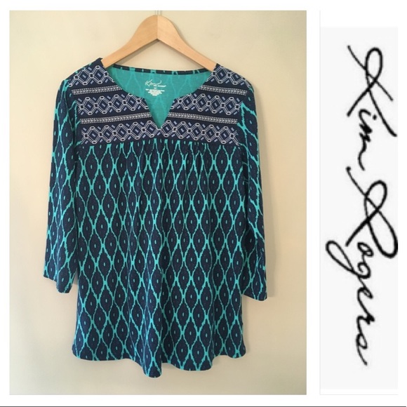 Kim Rogers Tops - Kim Rogers 3/4 Length Sleeve Ikat Embroidered Top